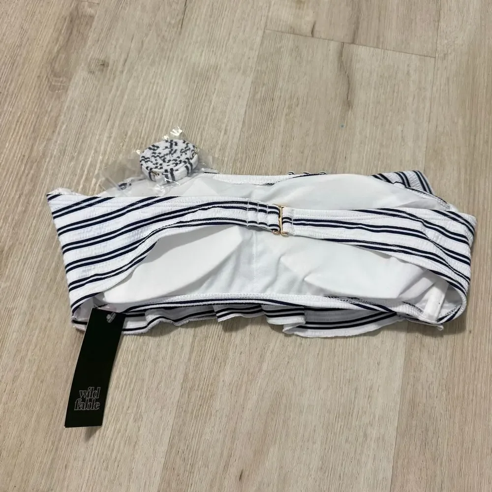 NWT Wild Fable Tiered Ruffle Textured Stripe Bandeau Bikini Top Navy White Large